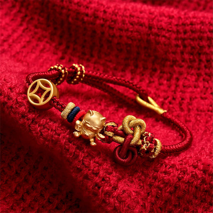 Buddha Stones Golden Lucky Cat Red String Protection Braided Bracelet - image 2
