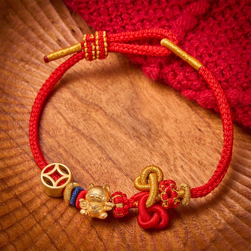 Buddha Stones Golden Lucky Cat Red String Protection Braided Bracelet - Red - image 3