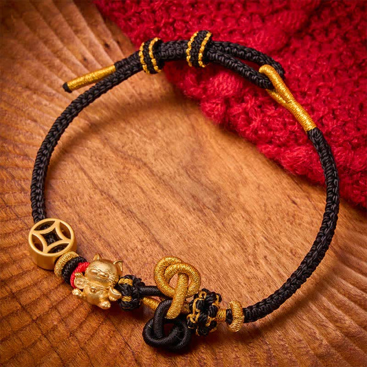 Buddha Stones Golden Lucky Cat Red String Protection Braided Bracelet - Black - image 14