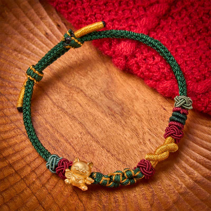 Buddha Stones Hand-Woven Red String Lucky Cat Protection Bracelet - Green String - image 0