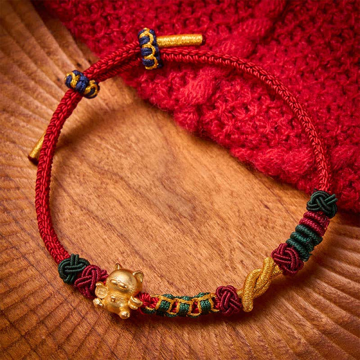 Buddha Stones Hand-Woven Red String Lucky Cat Protection Bracelet - Red String - image 4