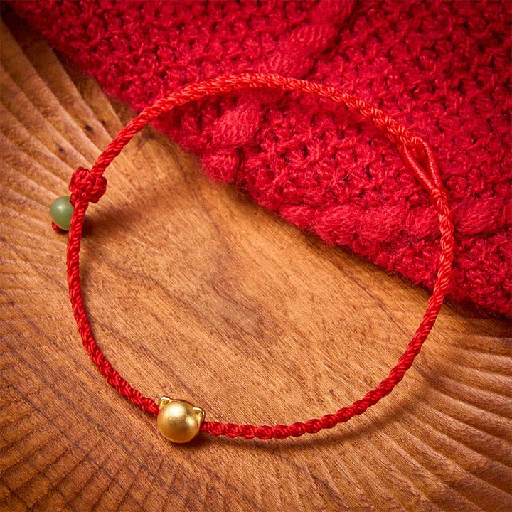 Buddha Stones Copper Cat Head Jade Red String Connection Bracelet - image 1