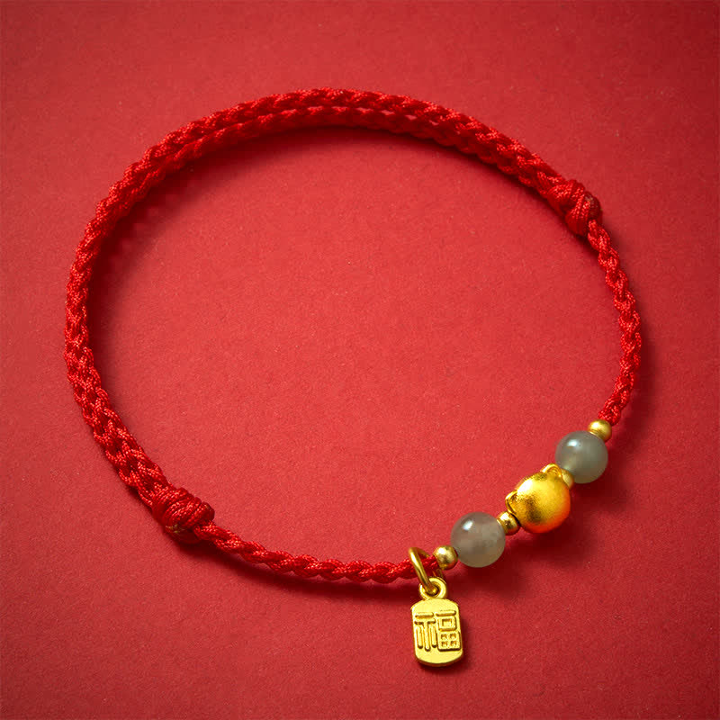 Buddha Stones Hetian Jade Fu Character Copper Cat Red String Bracelet - image 1