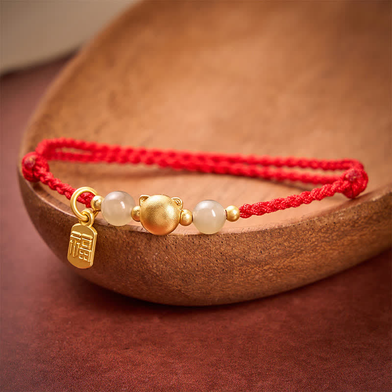 Buddha Stones Hetian Jade Fu Character Copper Cat Red String Bracelet - image 2
