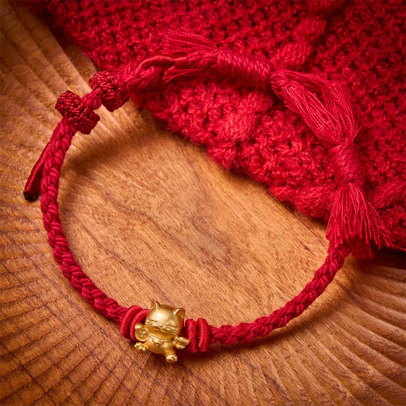 Buddha Stones Copper Lucky Cat Charm Red String Wealth Bracelet - Dark Red - image 0