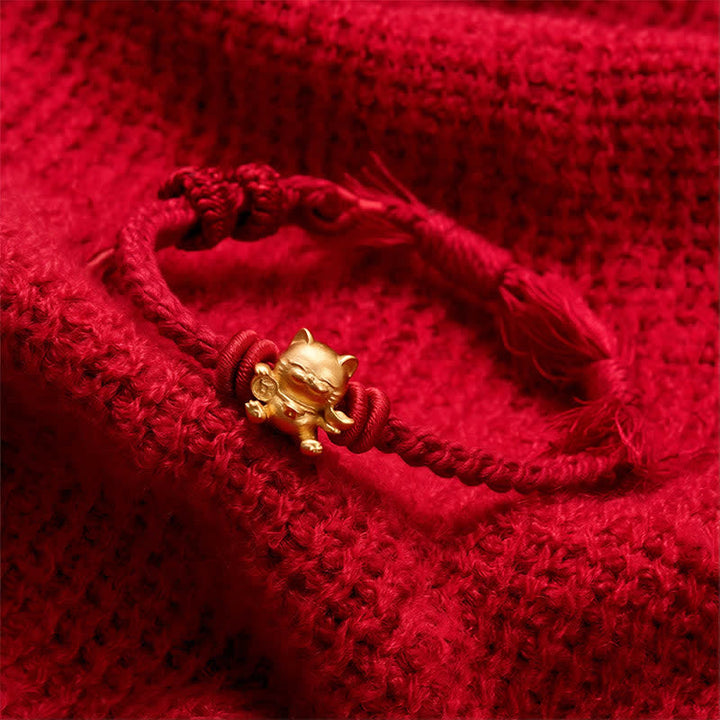 Buddha Stones Copper Lucky Cat Charm Red String Wealth Bracelet - image 2