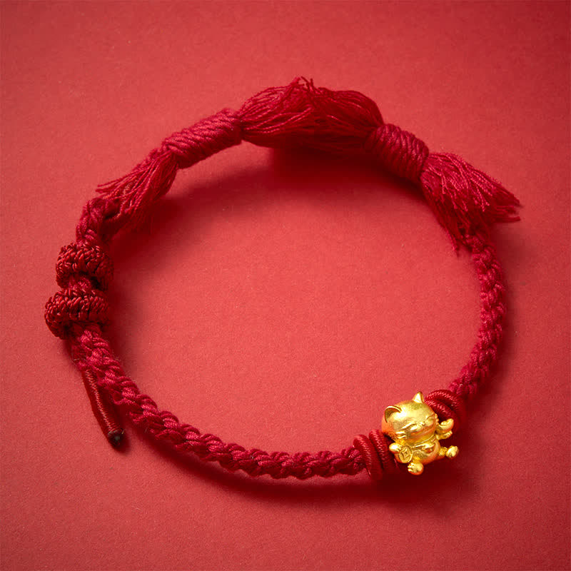Buddha Stones Copper Lucky Cat Charm Red String Wealth Bracelet - image 1