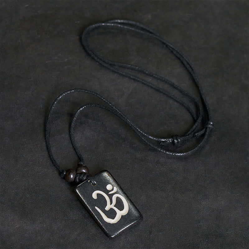 Buddha Stones Hand Carved Bone Bead OM Tibetan Mindfulness Pendant Necklace - image 1