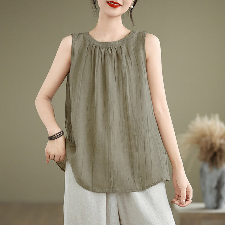 Buddha Stones Summer Wrinkles Simple Design Crew Neck Women's Sleeveless Vest Waistcoat - DarkKhaki - US8-10，UK/AU12-14，EU40-42 (2XL) - image 0