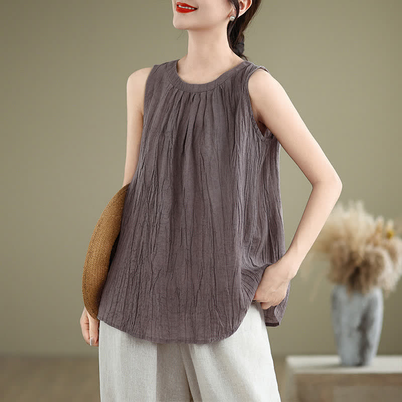 Buddha Stones Summer Wrinkles Simple Design Crew Neck Women's Sleeveless Vest Waistcoat - Plum - US8-10，UK/AU12-14，EU40-42 (2XL) - image 20