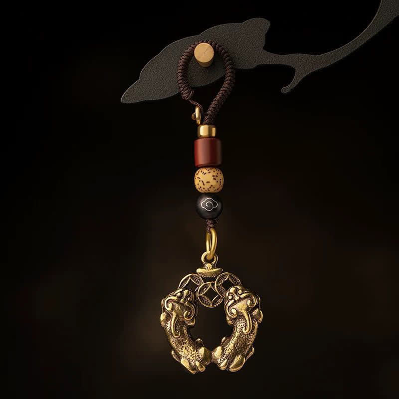 Buddha Stones Vintage Double Pi Xiu Chinese Coin Wealth Brass Keychains - Pi Xiu Chinese Coin Keychains(Pendant Size：Approx. 30*20mm) - image 0