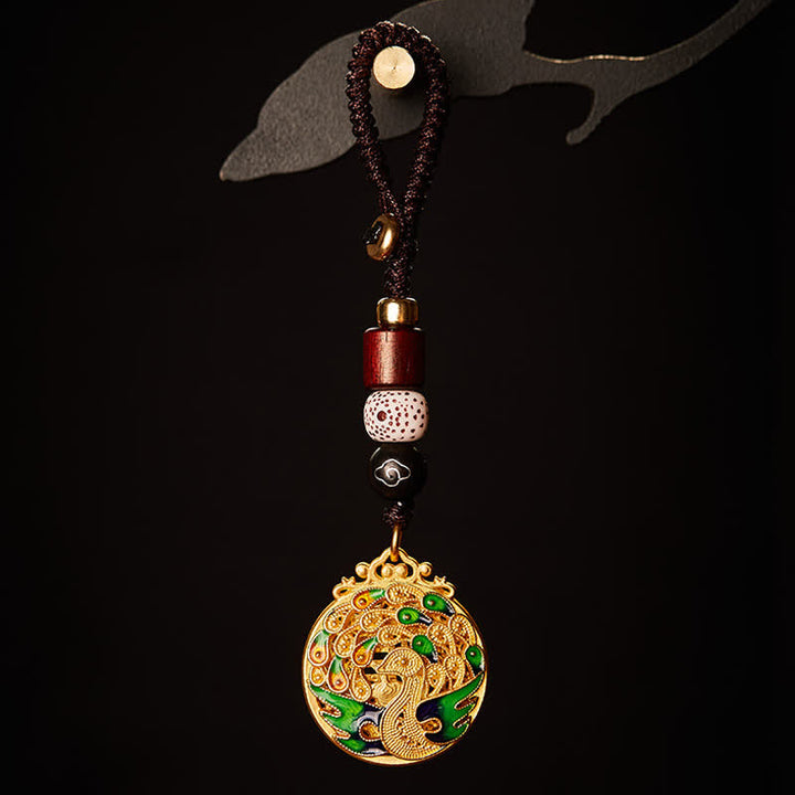 Buddha Stones Vintage Peacock Fu Character Copper Charm Keychains - Peacock Pendant Keychains - image 1