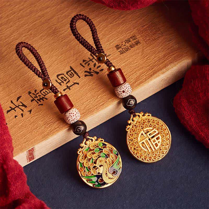 Buddha Stones Vintage Peacock Fu Character Copper Charm Keychains - image 0
