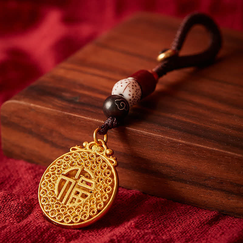 Buddha Stones Vintage Peacock Fu Character Copper Charm Keychains - image 3