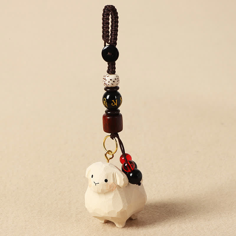 Buddha Stones Linden Wood Lamb Om Mani Padme Hum Plum Bossom Hand-carved Keychains - Lamb - Om Mani Padme Hum - image 5