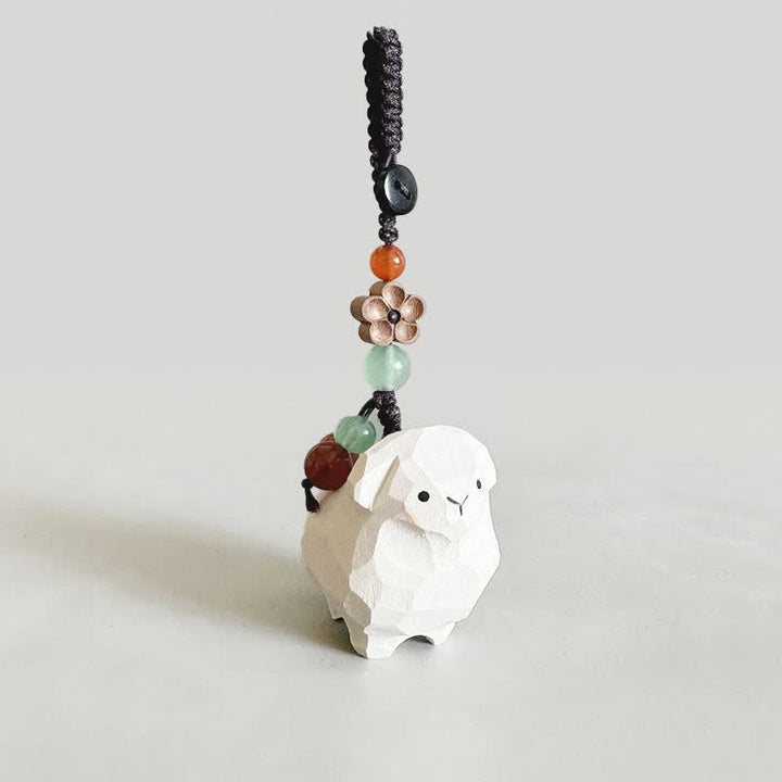 Buddha Stones Linden Wood Lamb Om Mani Padme Hum Plum Bossom Hand-carved Keychains - Lamb - Plum Blossom - image 0