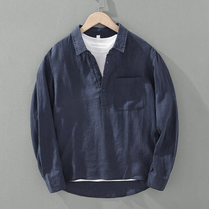 Buddha Stones Summer Casual Minimalist Solid Men's Long Sleeve Shirts With Patch Pocket - MidnightBlue - US/UK/AU44, EU54 (4XL) - image 0