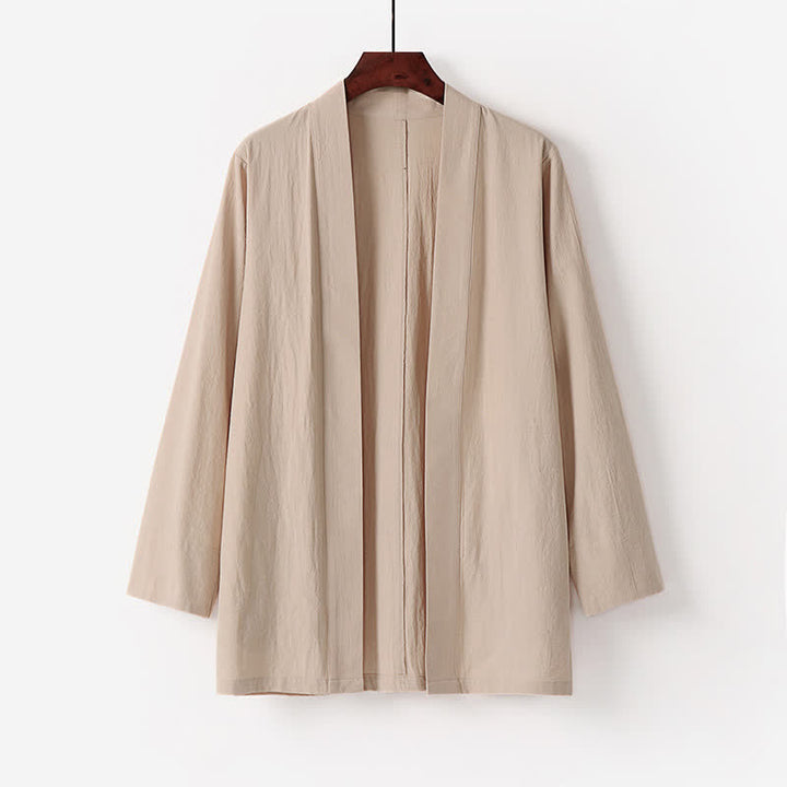 Buddha Stones Summer Minimalist Solid Cotton Linen Men's Kimono With Pocket - Beige - US/UK/AU50，EU60 (7XL) - image 3