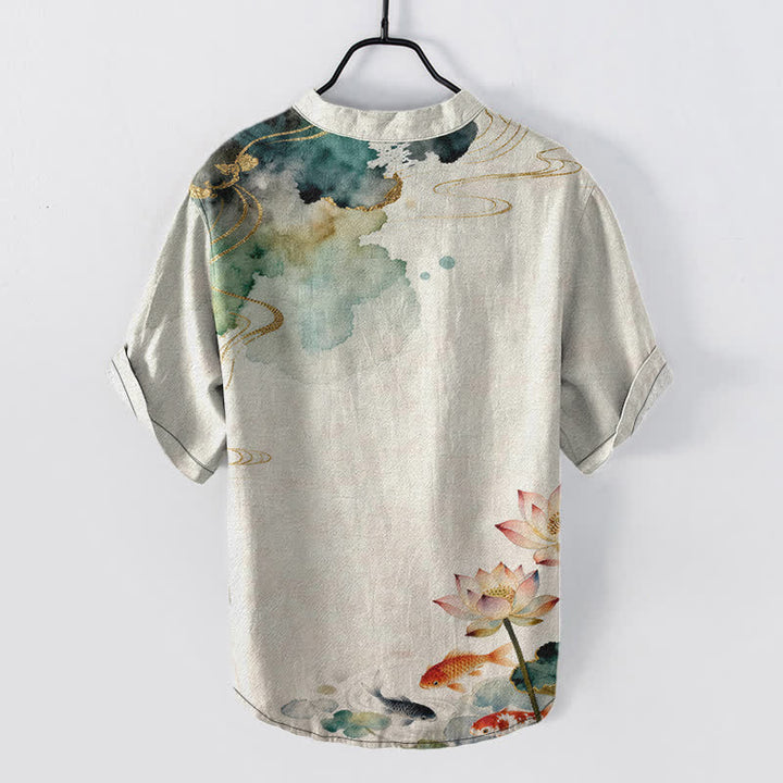 Buddha Stones Cotton Koi Fish Lotus Pattern Men's Short Sleeve Half Button Shirt - image 1