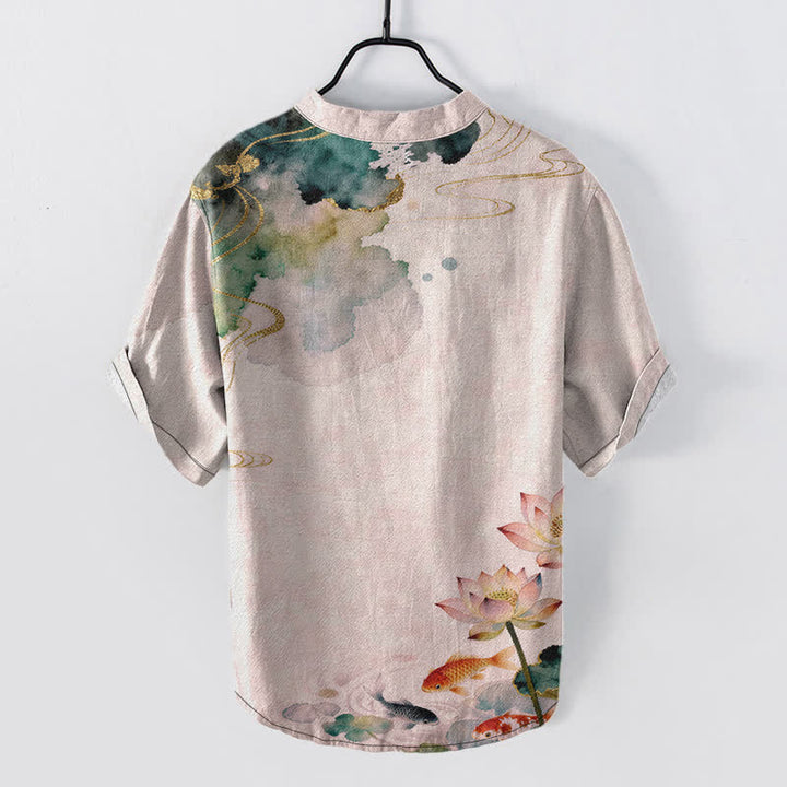 Buddha Stones Cotton Koi Fish Lotus Pattern Men's Short Sleeve Half Button Shirt - image 6
