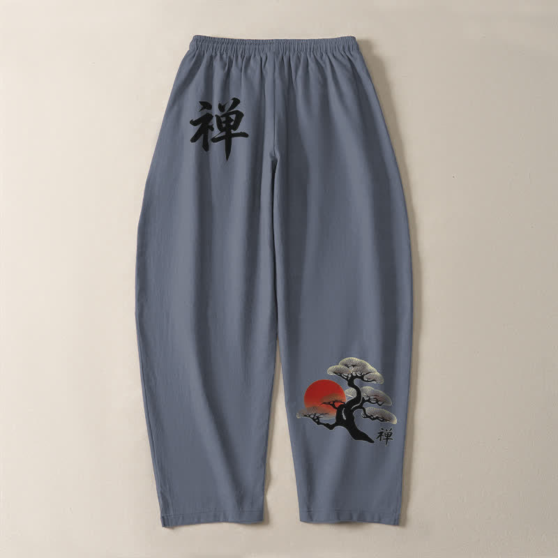Buddha Stones Pure Cotton Zen Bonsai Sunset Pattern Drawstring Men's Tapered Pants With Pockets - image 3