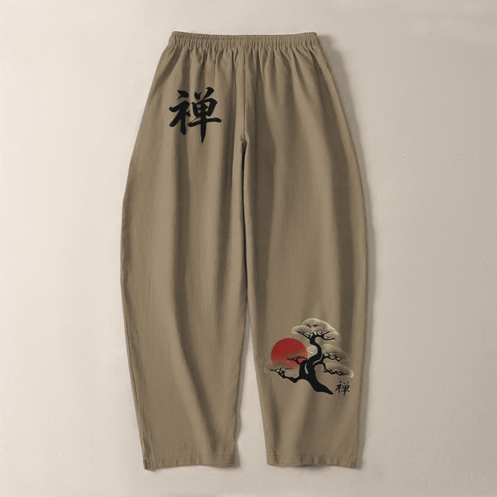 Buddha Stones Pure Cotton Zen Bonsai Sunset Pattern Drawstring Men's Tapered Pants With Pockets - image 14