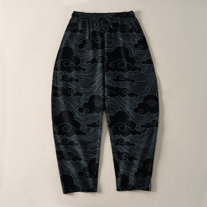 Buddha Stones Pure Cotton Japanese Cloud Wave Pattern Drawstring Men's Tapered Pants With Pockets - image 2