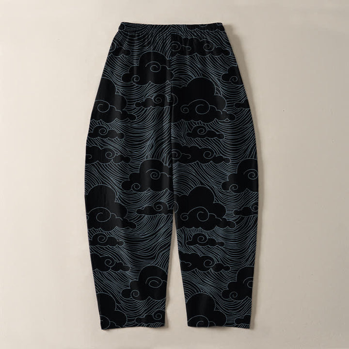 Buddha Stones Pure Cotton Japanese Cloud Wave Pattern Drawstring Men's Tapered Pants With Pockets - image 3
