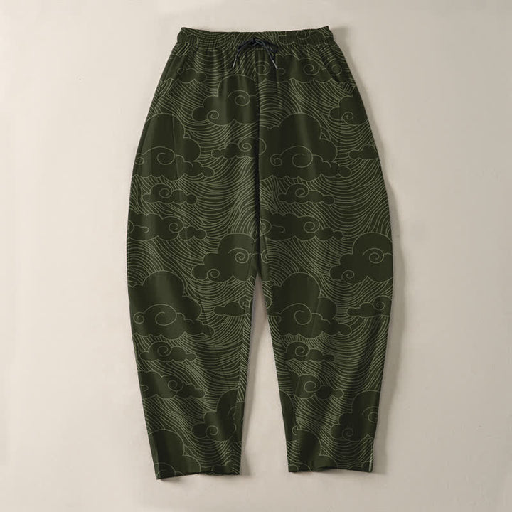 Buddha Stones Pure Cotton Japanese Cloud Wave Pattern Drawstring Men's Tapered Pants With Pockets - image 9