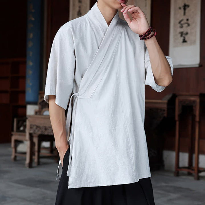 Buddha Stones Summer Tang Style Minimalist Side Slit V-Neck Solid Men's Short Sleeve Shirts With Pocket - image 29