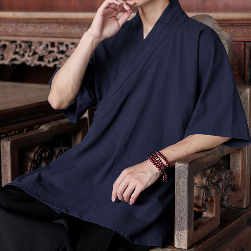 Buddha Stones Summer Tang Style Minimalist Side Slit V-Neck Solid Men's Short Sleeve Shirts With Pocket - image 8