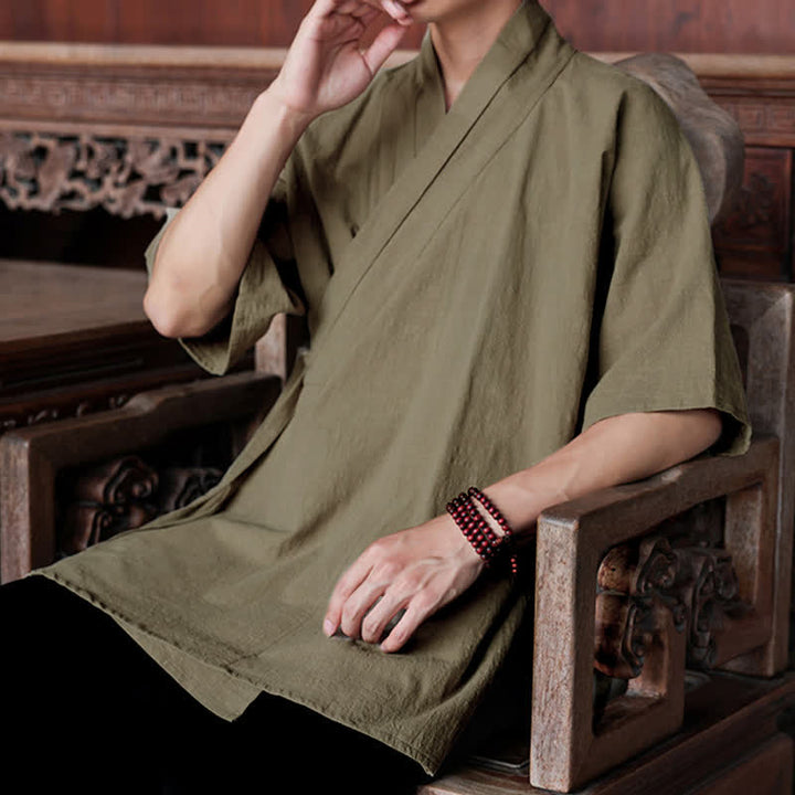Buddha Stones Summer Tang Style Minimalist Side Slit V-Neck Solid Men's Short Sleeve Shirts With Pocket - image 23