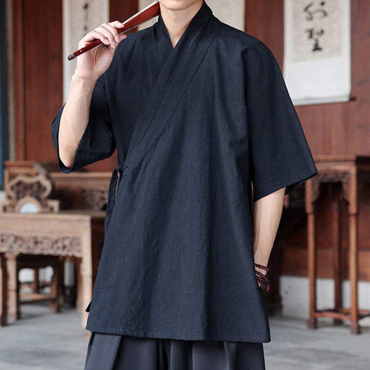 Buddha Stones Summer Tang Style Minimalist Side Slit V-Neck Solid Men's Short Sleeve Shirts With Pocket - image 14
