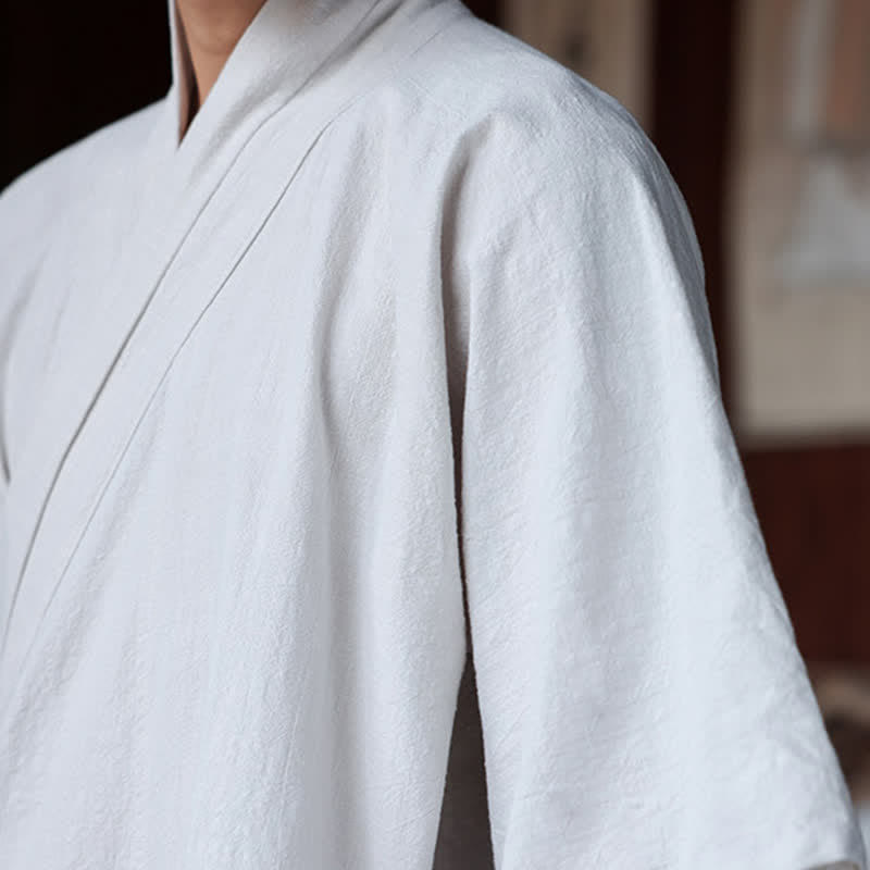 Buddha Stones Summer Tang Style Minimalist Side Slit V-Neck Solid Men's Short Sleeve Shirts With Pocket - image 33