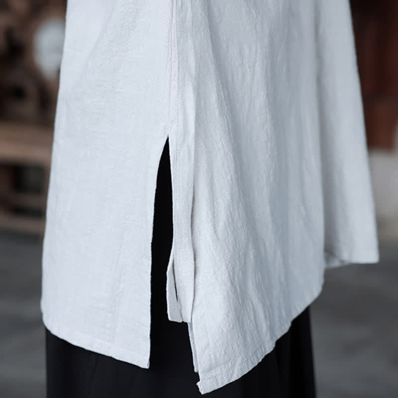 Buddha Stones Summer Tang Style Minimalist Side Slit V-Neck Solid Men's Short Sleeve Shirts With Pocket - image 35