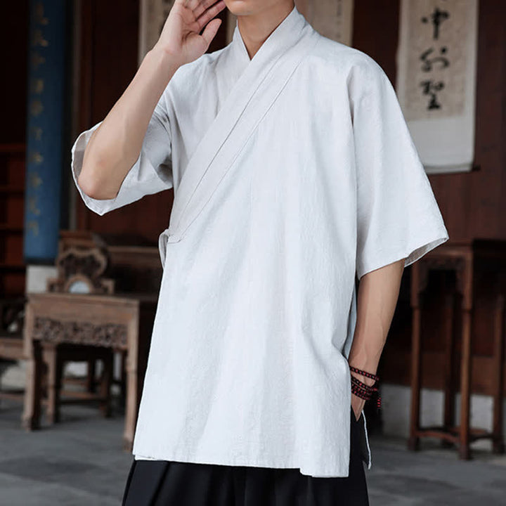 Buddha Stones Summer Tang Style Minimalist Side Slit V-Neck Solid Men's Short Sleeve Shirts With Pocket - image 26