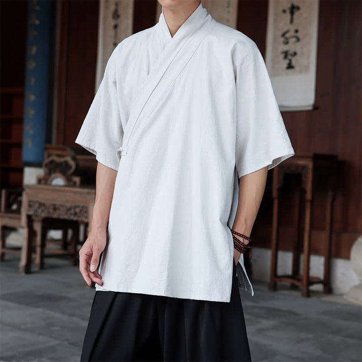 Buddha Stones Summer Tang Style Minimalist Side Slit V-Neck Solid Men's Short Sleeve Shirts With Pocket - image 28