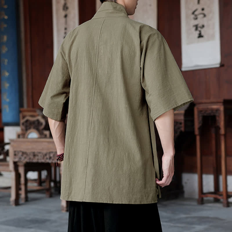 Buddha Stones Summer Tang Style Minimalist Side Slit V-Neck Solid Men's Short Sleeve Shirts With Pocket - image 20