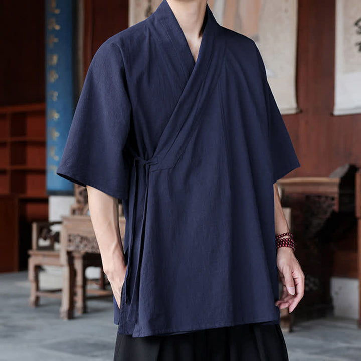 Buddha Stones Summer Tang Style Minimalist Side Slit V-Neck Solid Men's Short Sleeve Shirts With Pocket - image 1
