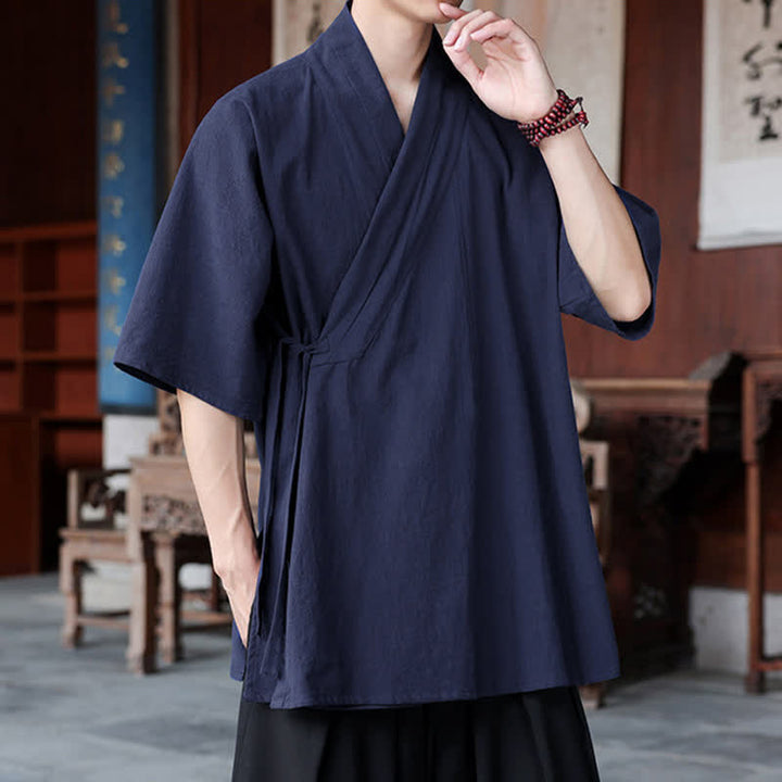 Buddha Stones Summer Tang Style Minimalist Side Slit V-Neck Solid Men's Short Sleeve Shirts With Pocket - image 7