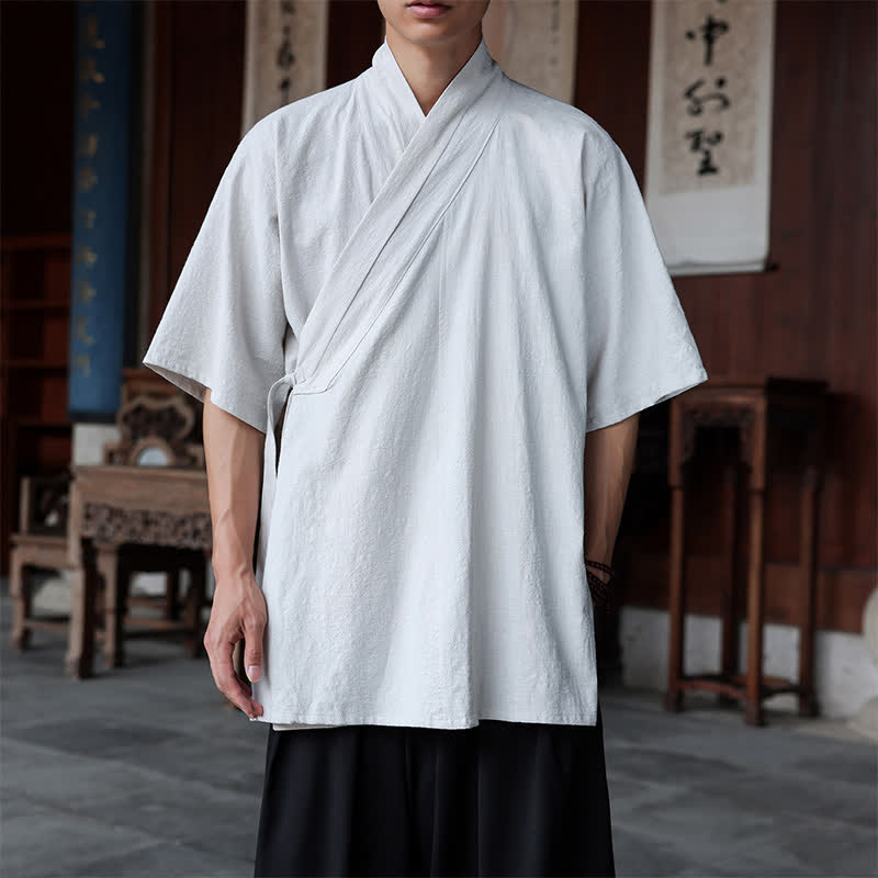 Buddha Stones Summer Tang Style Minimalist Side Slit V-Neck Solid Men's Short Sleeve Shirts With Pocket - WhiteSmoke - US/UK/AU46, EU56 (5XL) - image 24