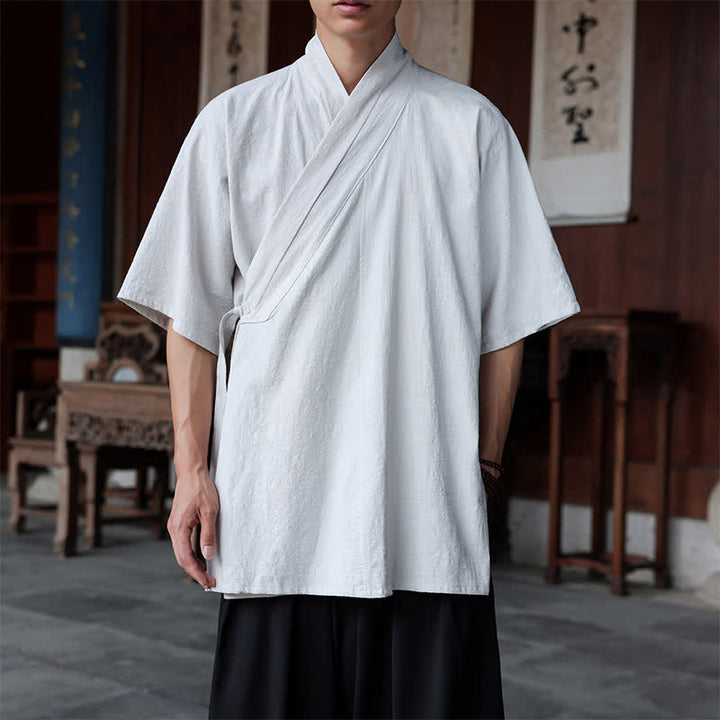 Buddha Stones Summer Tang Style Minimalist Side Slit V-Neck Solid Men's Short Sleeve Shirts With Pocket - WhiteSmoke - US/UK/AU46, EU56 (5XL) - image 24