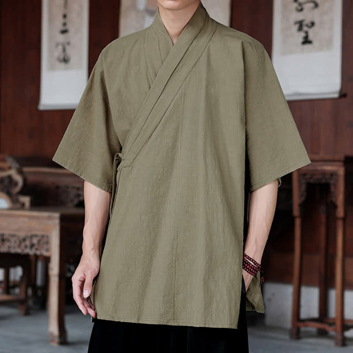 Buddha Stones Summer Tang Style Minimalist Side Slit V-Neck Solid Men's Short Sleeve Shirts With Pocket - image 18
