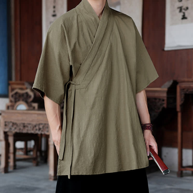 Buddha Stones Summer Tang Style Minimalist Side Slit V-Neck Solid Men's Short Sleeve Shirts With Pocket - image 17