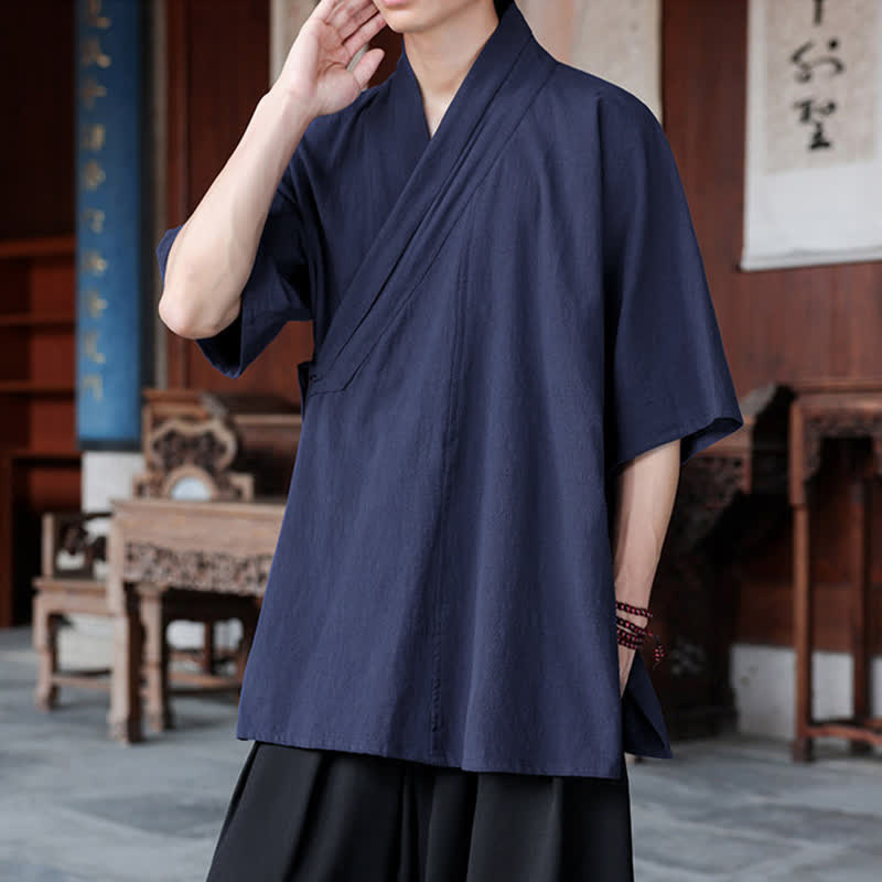 Buddha Stones Summer Tang Style Minimalist Side Slit V-Neck Solid Men's Short Sleeve Shirts With Pocket - image 5