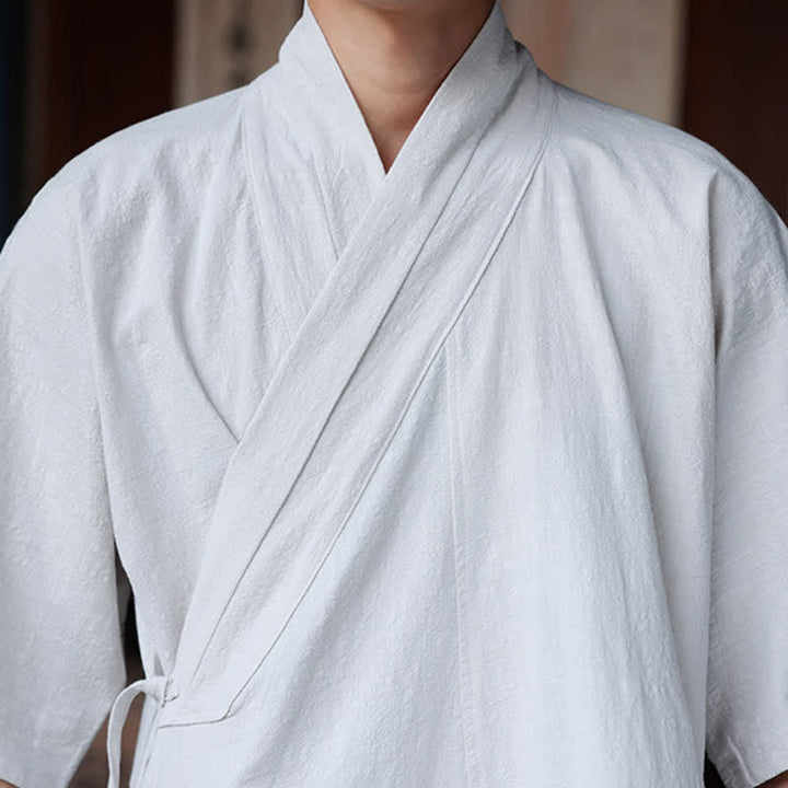 Buddha Stones Summer Tang Style Minimalist Side Slit V-Neck Solid Men's Short Sleeve Shirts With Pocket - image 32