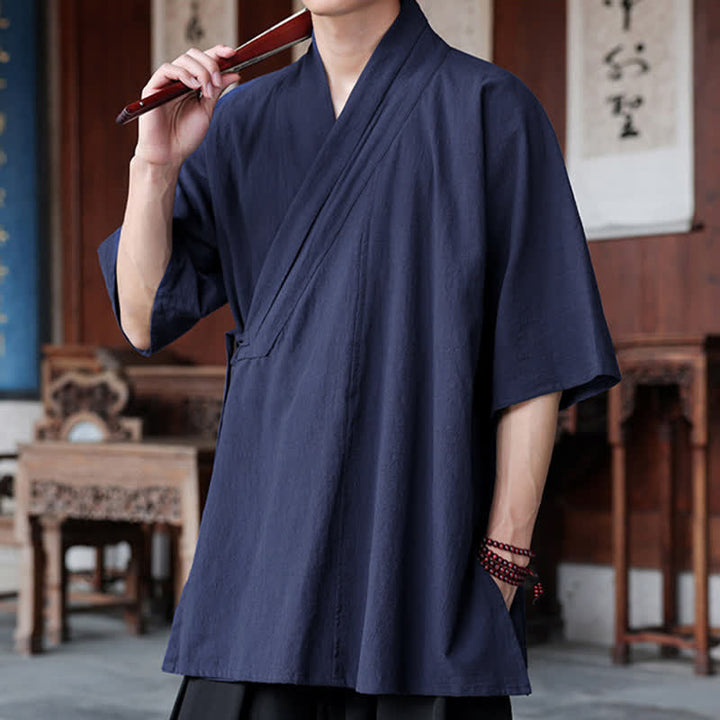 Buddha Stones Summer Tang Style Minimalist Side Slit V-Neck Solid Men's Short Sleeve Shirts With Pocket - image 6