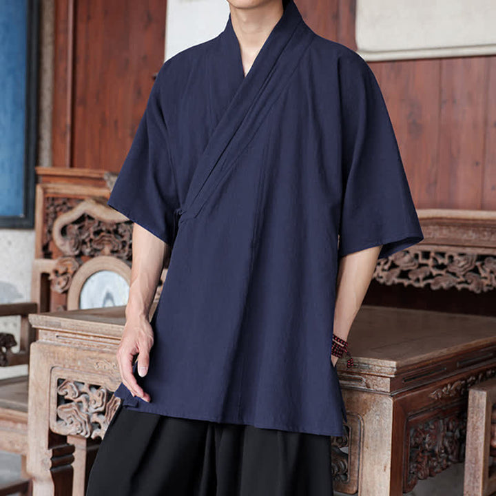 Buddha Stones Summer Tang Style Minimalist Side Slit V-Neck Solid Men's Short Sleeve Shirts With Pocket - image 3