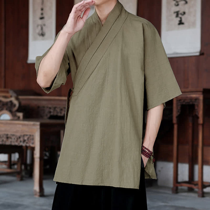 Buddha Stones Summer Tang Style Minimalist Side Slit V-Neck Solid Men's Short Sleeve Shirts With Pocket - image 22