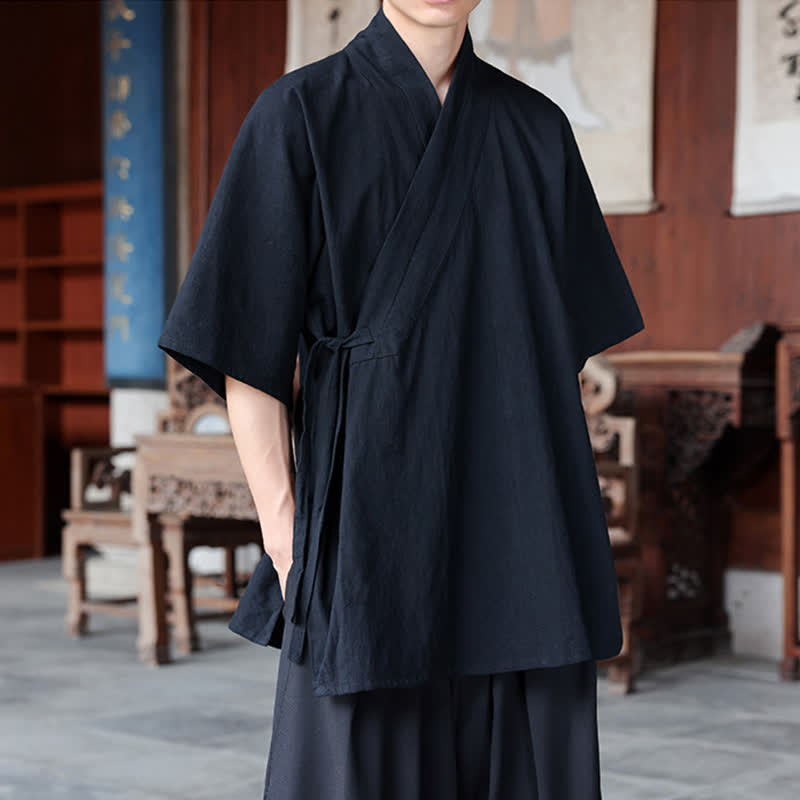 Buddha Stones Summer Tang Style Minimalist Side Slit V-Neck Solid Men's Short Sleeve Shirts With Pocket - image 10